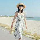 Leaf Print Spaghetti-strap Open Back Sundress White - One Size