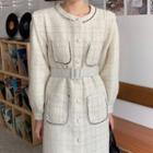 Long-sleeve Belted Faux Pearl Trim Tweed Sheath Dress