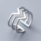 925 Sterling Silver Rhinestone V-shaped Layered Open Ring Silver - One Size