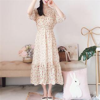 Elbow-sleeve V-neck Cherry Print Midi Dress