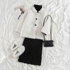 Fleece Button Coat / Mock-neck Midi Knit Dress