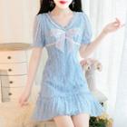 Short-sleeve Bow Accent Mini A-line Lace Dress