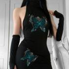 Set: Halter-neck Butterfly Print Bodycon Dress + Arm Sleeves