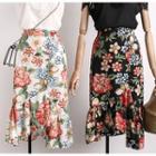 Asymmetric Ruffled-trim Floral Midi Skirt