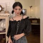 Elbow-sleeve Cold Shoulder Dotted Frill Trim Top Black - One Size