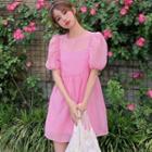 Short-sleeve Mini A-line Mesh Dress Rose Pink - One Size