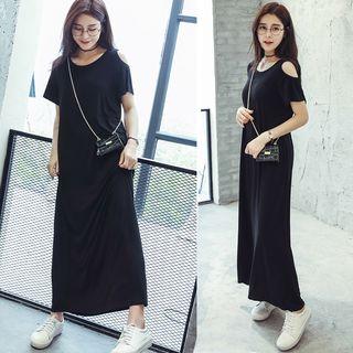 Plain Open Shoulder Short-sleeve Dress