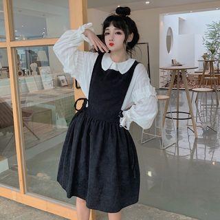 Ruffled Blouse / Corduroy Gathered-waist Pinafore Dress