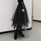 Irregular Hem Mesh Midi A-line Skirt Black & Gray - One Size