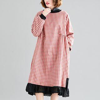 Gingham Eyelet Trim Long-sleeve Midi Dress