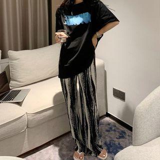 Elbow-sleeve Lettering Print T-shirt / Striped Wide Leg Pants / Set