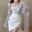 Long-sleeve Square-neck Floral Shirt / High-waist Asymmetrical Plain Mini Skirt