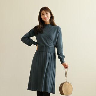 Set: Wrap-front Knit Top + Sleeveless Pleated Midi Knit Dress