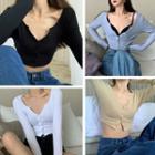 Long-sleeve Plain Button-up Slim-fit Cropped Top