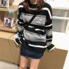 Long-sleeve Striped Embroidered Knit Sweater