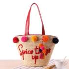 Letter Embroidered Straw Bobble Tote Bag As Shown In Figure - One Size