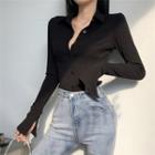 Skinny Button-up Ribbed Knit Top Black - One Size