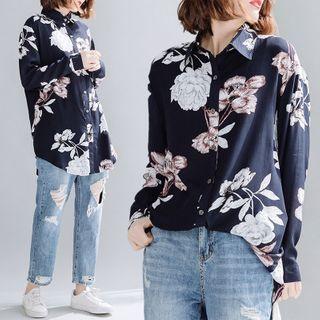 Floral Print Shirt Dark Blue - One Size