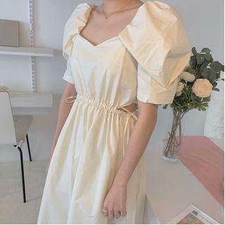 Puff-sleeve Maxi A-line Dress White - One Size