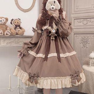 Bell-sleeve Lace Trim Ribbon Midi A-line Dress