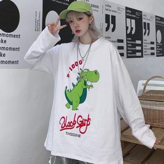 Long-sleeve Dinosaur Print T-shirt White - One Side