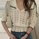 Lapel Cutout Short-sleeve Color Block Knit Top White - One Size