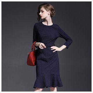 3/4-sleeve Check Midi Dress