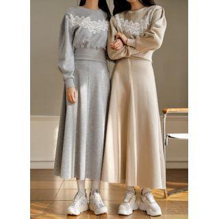 Set: Lace-trim Sweatshirt + Maxi Flare Skirt