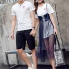 Couple Matching Set: Short-sleeve T-shirt / Mesh Panel Strappy Midi Dress / Men Shorts