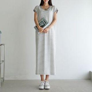 Cap-sleeve U-neck Stripe Maxi Dress