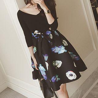 3/4-sleeve V-neck Flower Print Dress