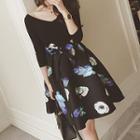 3/4-sleeve V-neck Flower Print Dress