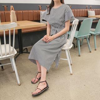 Flutter-sleeve Tie-waist Stripe Long Dress