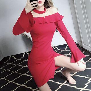 Bell-sleeve Off-shoulder Ruffle Mini Sheath Dress