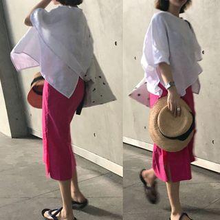 Short-sleeve Asymmetric T-shirt / Slit Midi Skirt