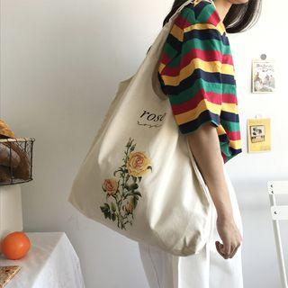 Flower Print Canvas Shopper Bag Yellow Rose - White - One Size