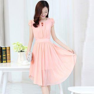 Plain Short Sleeve Midi Chiffon Dress
