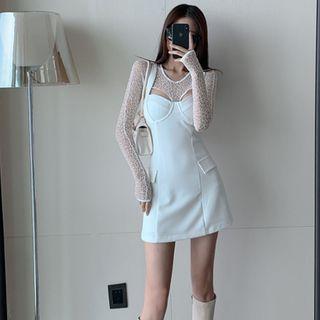 Set: Lace Long-sleeve Cropped Top + Wide Strap Mini A-line Dress
