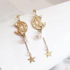 Faux Pearl Alloy Moon & Star Dangle Earring 1 Pair - As Shown In Figure - One Size