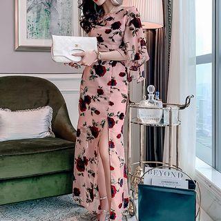 Flower Print Asymmetric Maxi Chiffon Dress