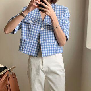 Gingham Short-sleeve Cropped Jacket Gingham - Blue - One Size