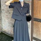 Short-sleeve Cropped Blazer / Pleated Midi A-line Skirt