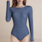Long-sleeve Houndstooth Swimsuit