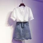 Set: Lace Trim Short-sleeve Top + Denim A-line Skirt