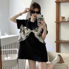 Elbow-sleeve Bow Accent T-shirt Black - One Size