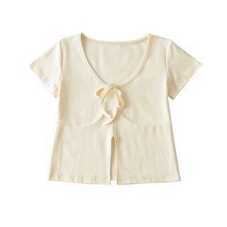 Short-sleeve V-neck Bow Slit Crop Top