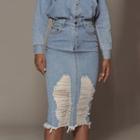 Distressed Sheath Midi Denim Skirt