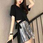 Tie Waist Short Sleeve Cropped T-shirt / Pleated Shorts