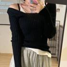 Long-sleeve Off-shoulder Knit Top As Shown In Figure - One Size