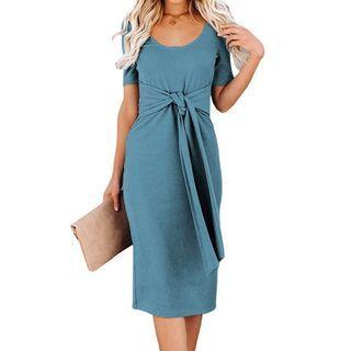 Short-sleeve Tie Front Sheath Dress